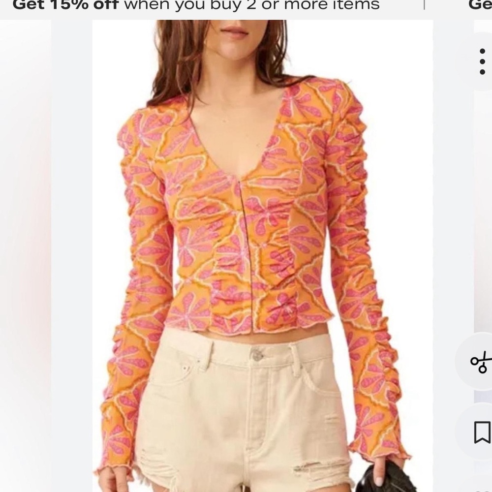 Free People through the meadow rouched mesh flower top women’s small pink orange